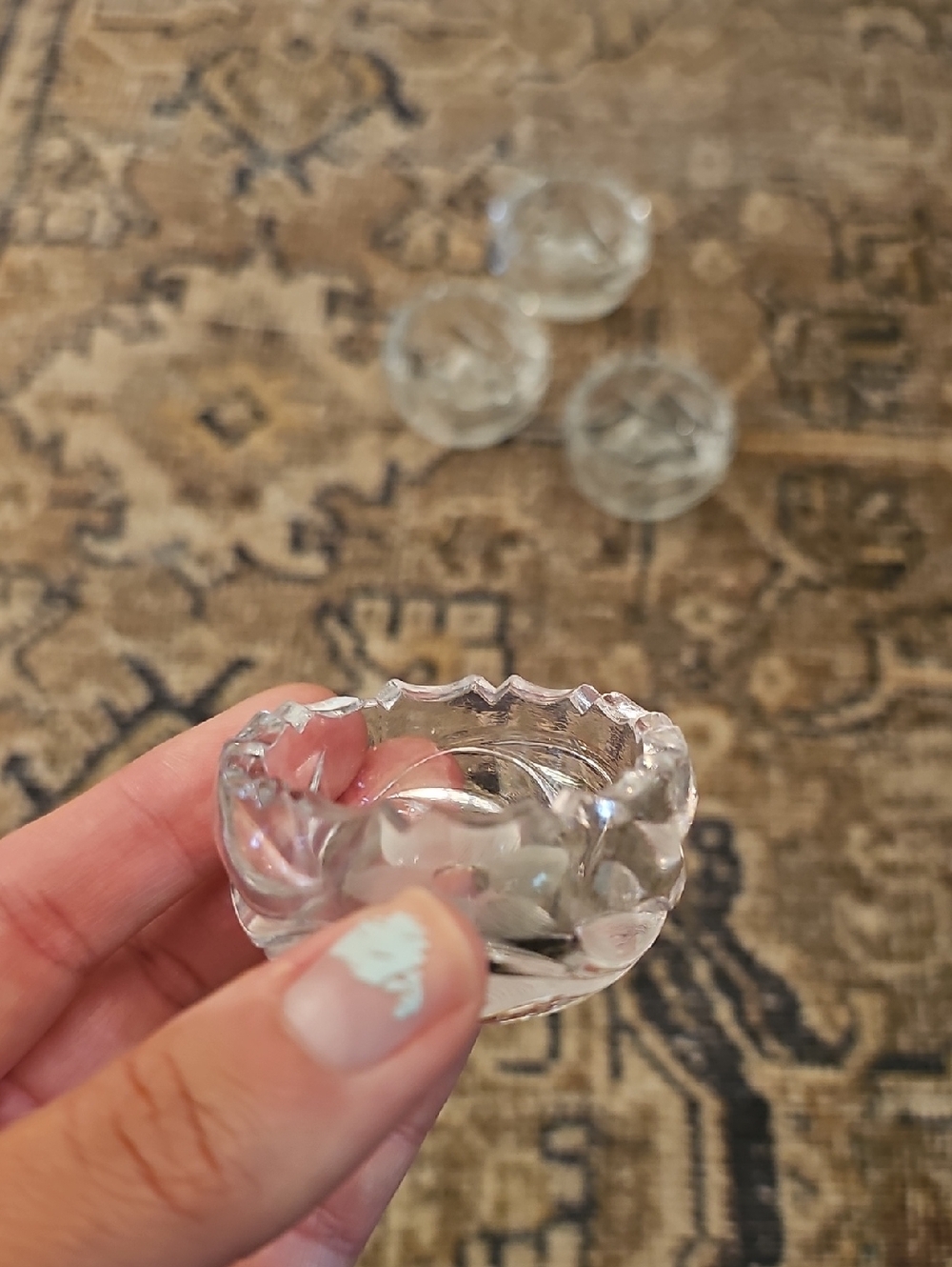 SALE! Set of 5 Glass Open Salt Cellars, Etched Floral And Sawtooth Rim - Picture 7 of 16
